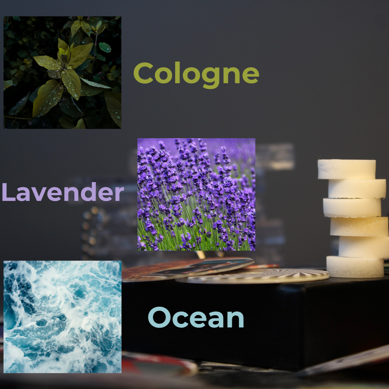 First three scent options: cologne, lavender, and ocean