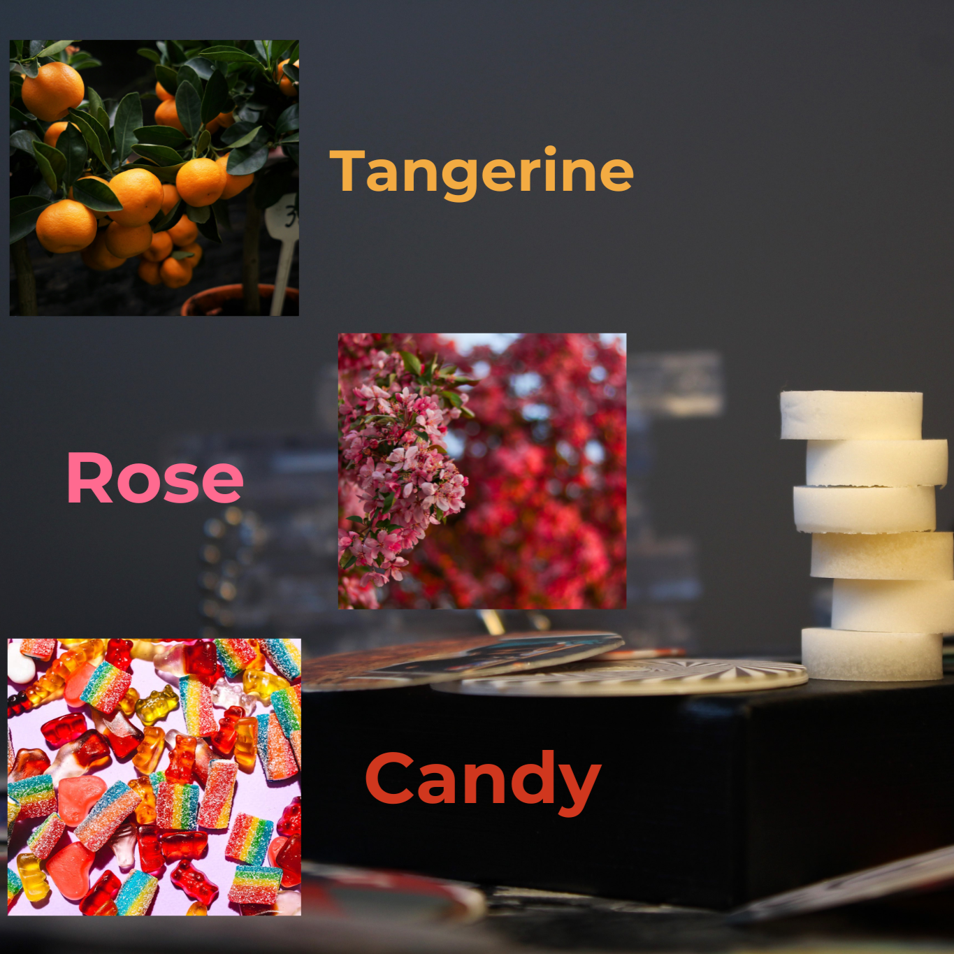 Next three scent options: Tangerine, Rose, and Candy